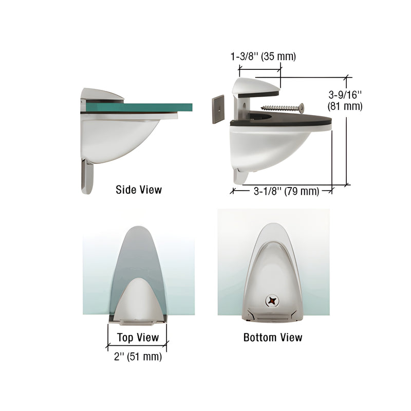 Technical diagram showing side, top, and bottom views of the satin chrome adjustable shelf bracket with dimensions.