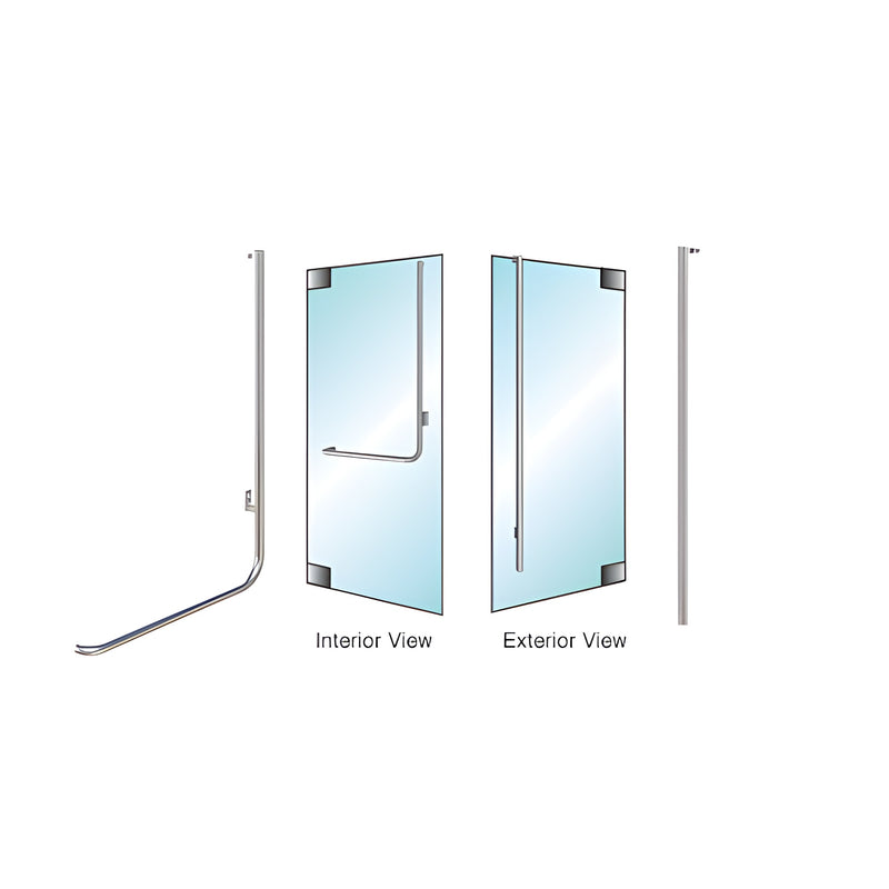A diagram showing the right hand reverse FS dummy handle installed on a glass door with both interior and exterior views.