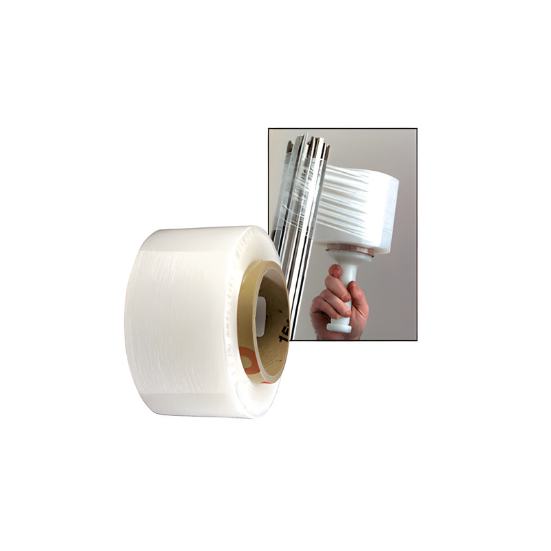 A roll of clear stretch film shown alongside an inset image of a hand using a dispenser to wrap metal poles.