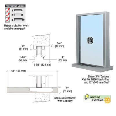 CRL Brushed Stainless Steel Frame Exterior Glazed Exchange Window with 18" Shelf and Deal Tray