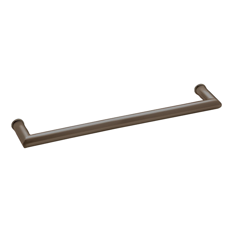 A 24-inch oil rubbed bronze single-sided towel bar with a mitered corner round tubing design.