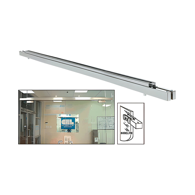A brushed stainless steel double narrow floating header with surface mounted top pivots for 3/8 inch glass double door systems.