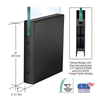 CRL Black Powder Coated 1/2" Glass 10" Square Door Rail Without Lock - Custom Length