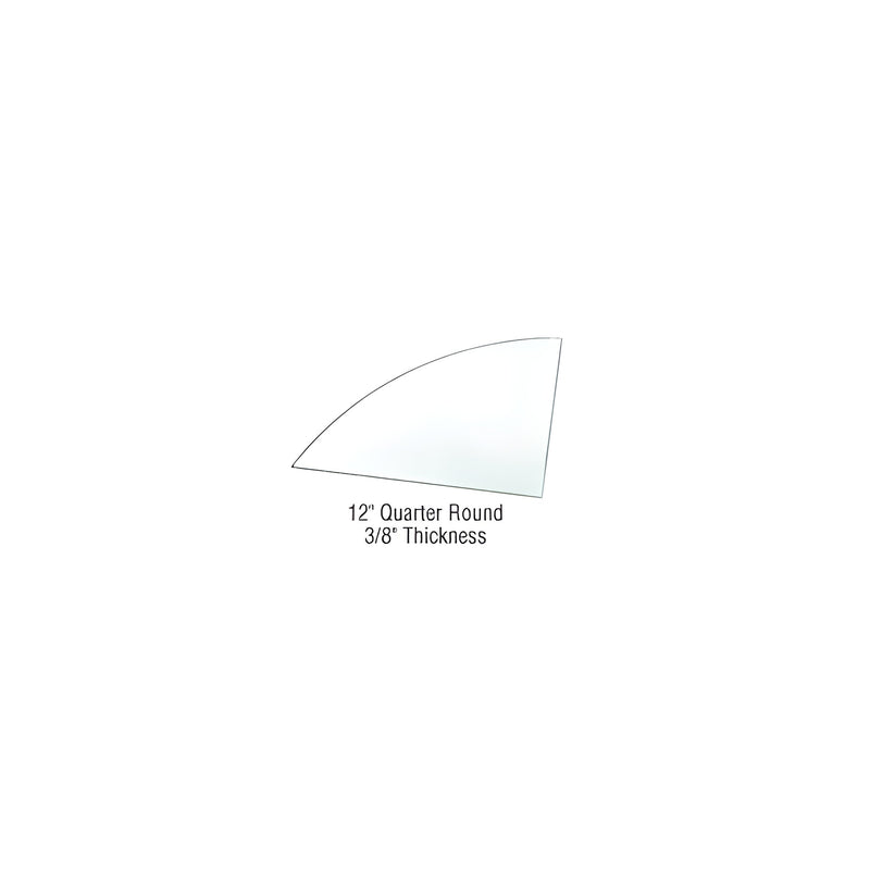 A single quarter round clear tempered glass shelf with a 12-inch radius and 3/8-inch thickness.