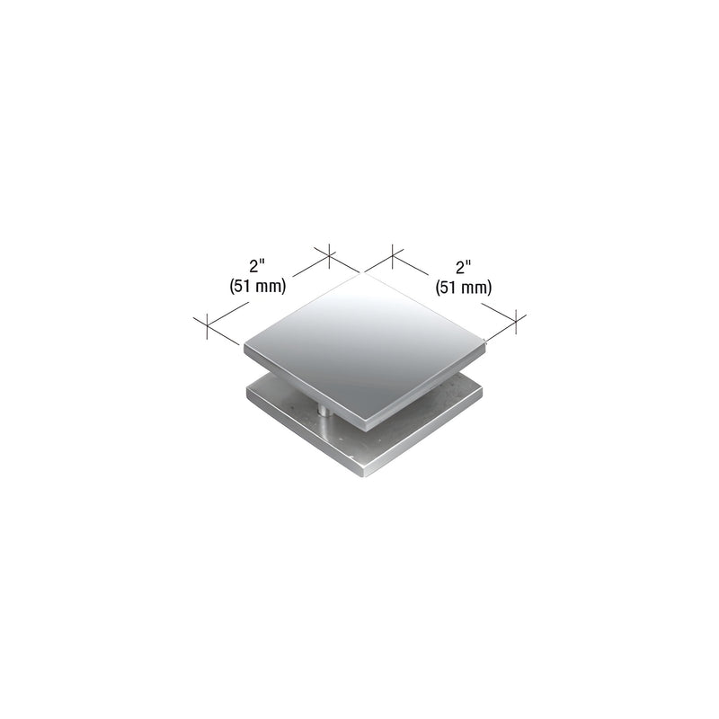 A polished stainless steel square mall front clamp shown with 2-inch by 2-inch dimension markings.