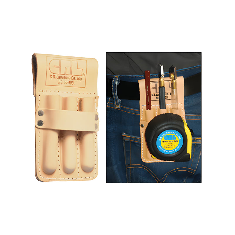 A grain leather CRL tool pouch featuring three pockets and a belt slot, shown empty and worn on a belt with tools.