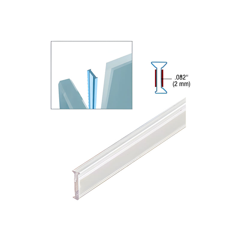 A clear copolymer strip for 90-degree glass joints shown with a technical diagram and an installation illustration for 10.8mm laminated glass.
