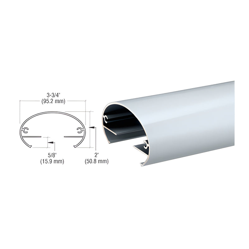 A technical diagram and perspective view of the CRL 350X Series aluminum top rail showing its 2" height and 3-3/4" width dimensions.