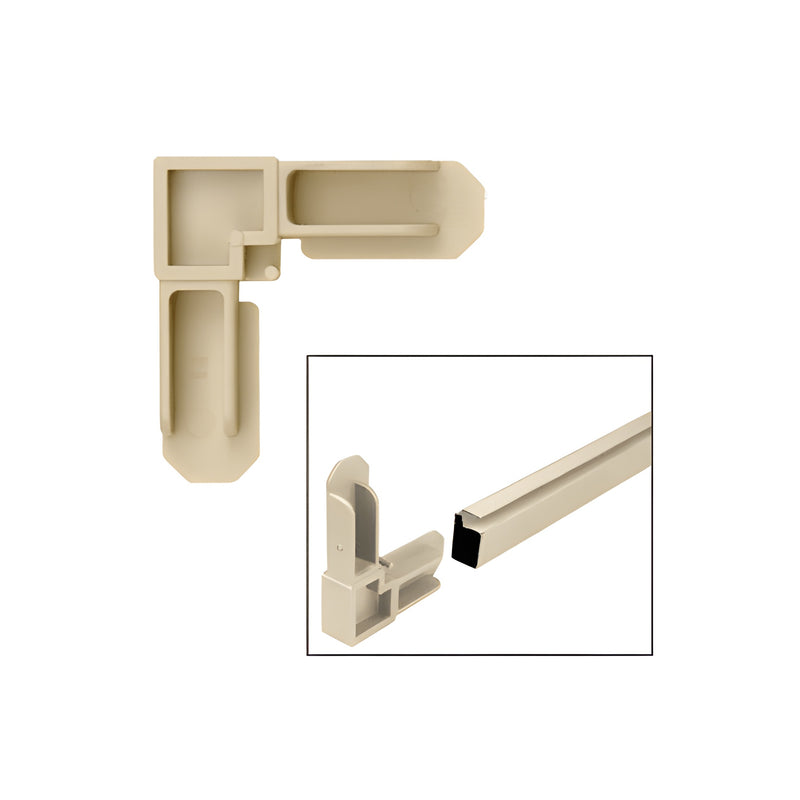 A beige plastic square cut screen frame corner connector shown individually and inserted into a matching screen frame section.