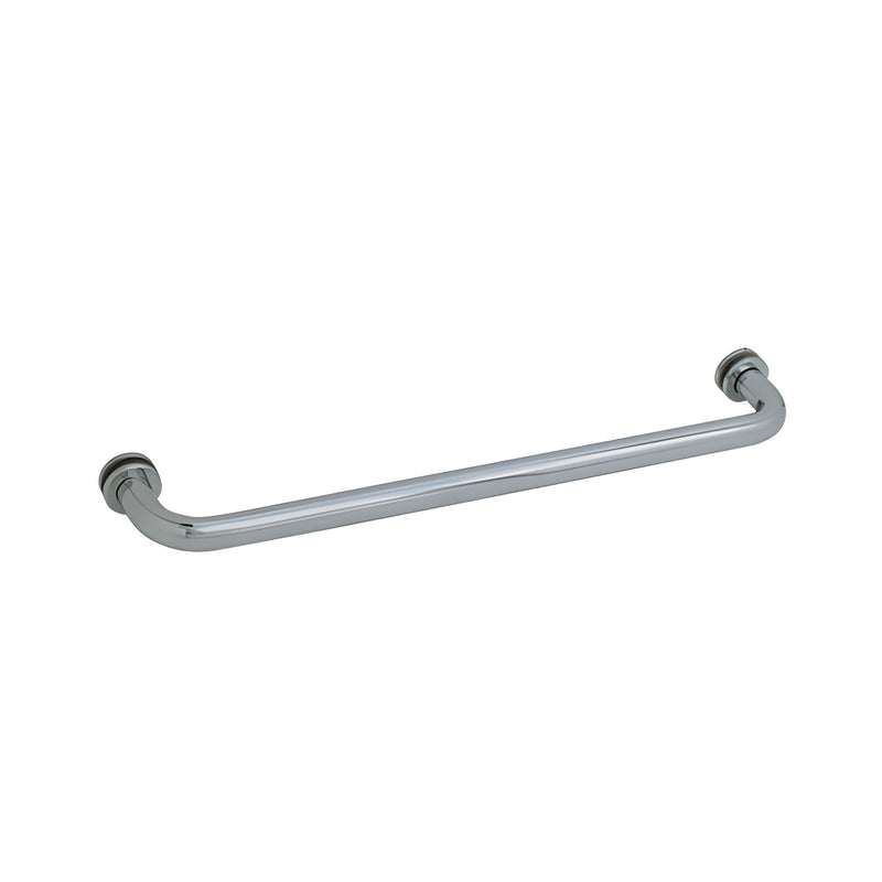 A brushed nickel tubular single-sided towel bar with circular mounting hardware for glass installation.