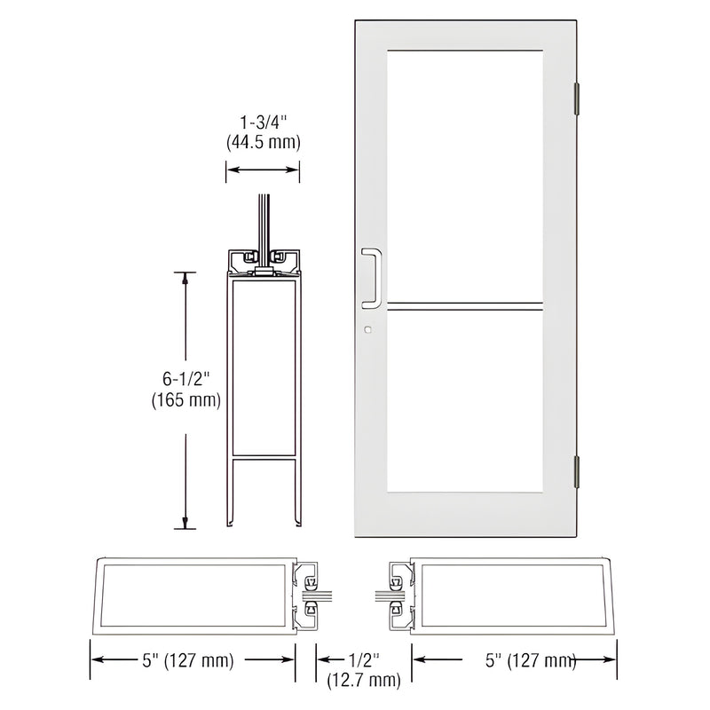 Technical diagram showing the profile and elevation of a Series 550 wide stile butt hinge entrance door with a White KYNAR finish.