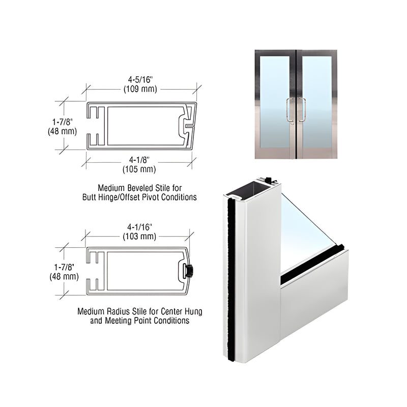 Technical diagrams and a 3D corner view showing the profile of a satin anodized medium stile clad full framed door.