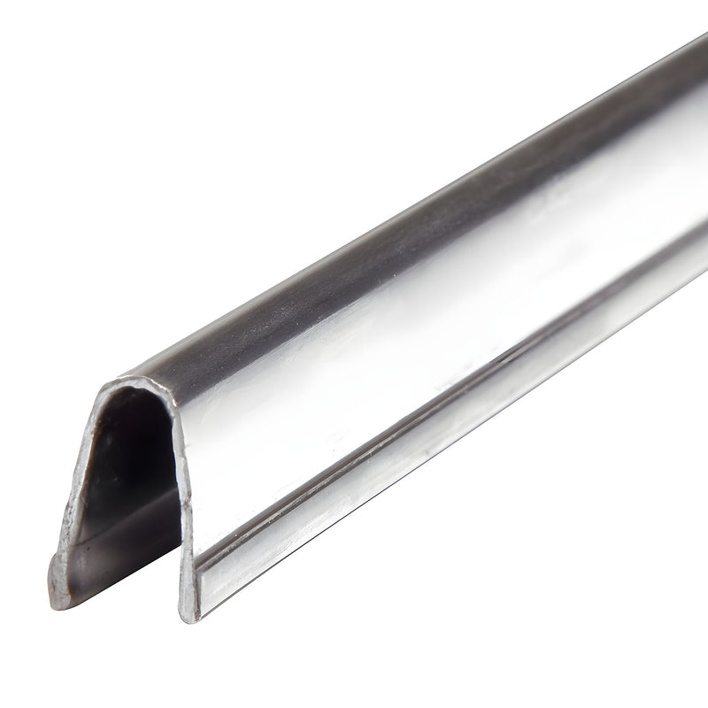 A close-up view of the U-shaped stainless steel patio door sill cover.
