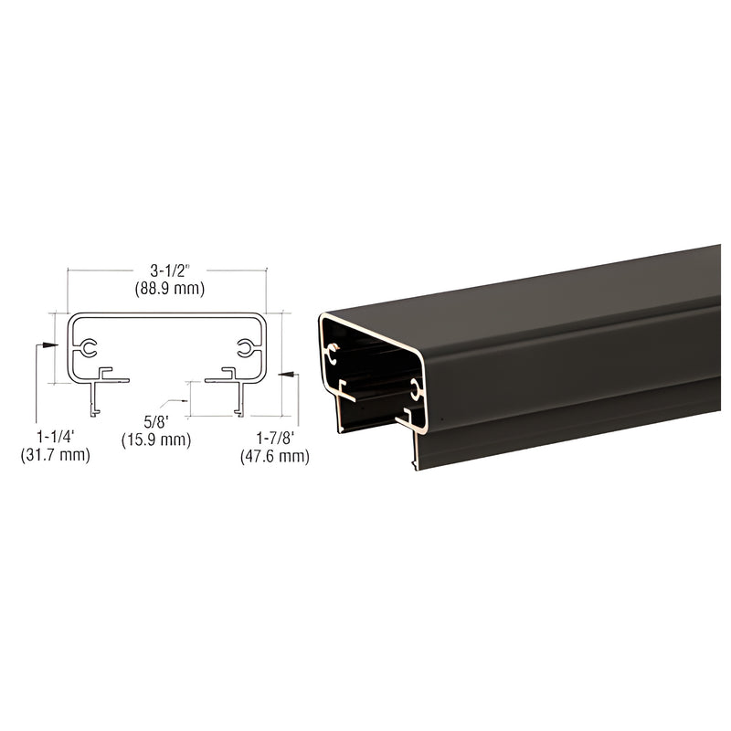 A technical cross-section diagram and a perspective view of the matte black aluminum 200 Series top rail.