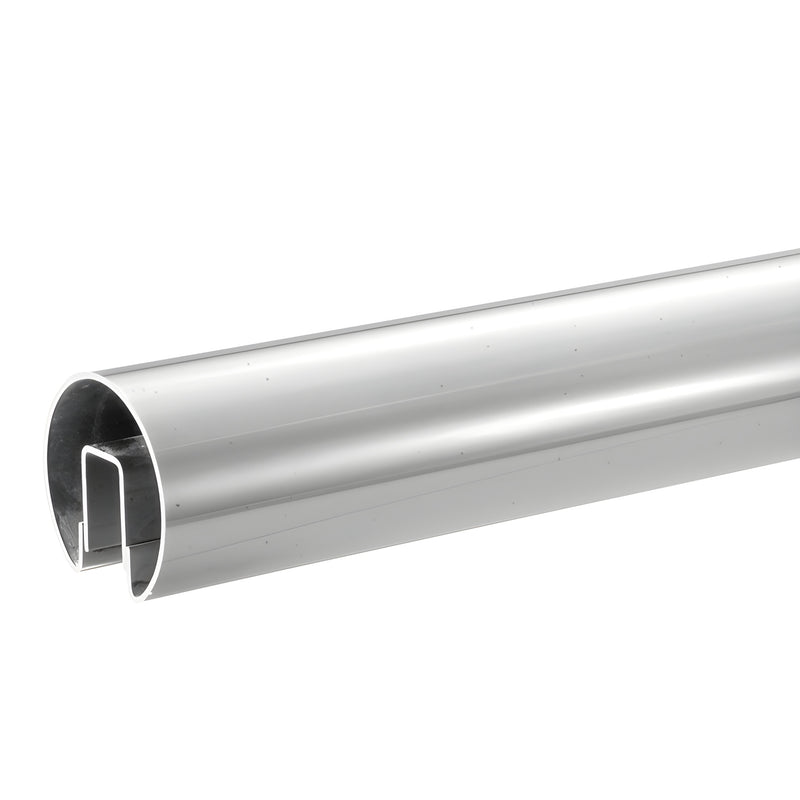 A close-up view of the polished stainless steel premium cap rail showing its circular profile and glass-receiving channel.