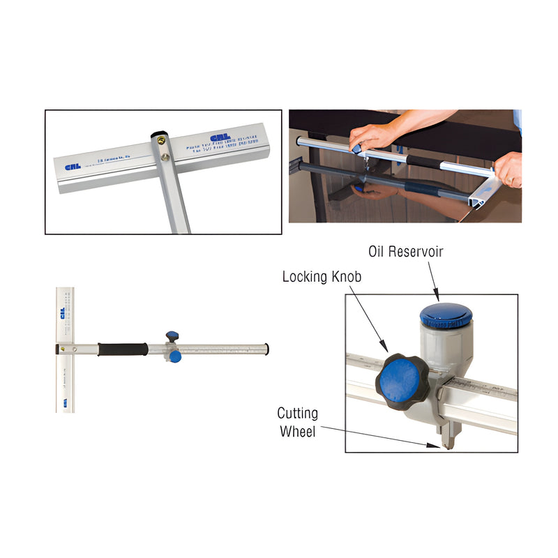 A CRL 12-inch production oil T-cutter shown in various views, including its oil reservoir, locking knob, and use on a glass surface.