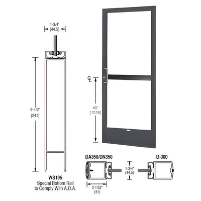 CRL-U.S. Aluminum Bronze Black Anodized 250 Series Narrow Stile Active Leaf of Pair 3'0 x 7'0 Center Hung for OHCC with Standard Push Bars Complete Panic Door with Standard Panic and 9-1/2" Bottom Rail