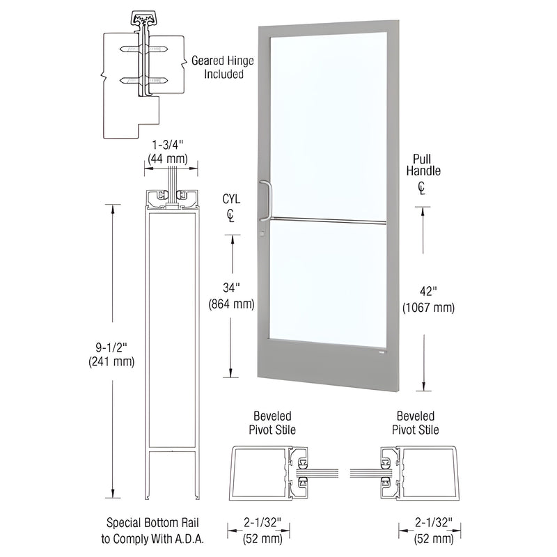 Technical diagram showing the dimensions and components of a Series 250 narrow stile entrance door with a geared hinge and ADA-compliant bottom rail.