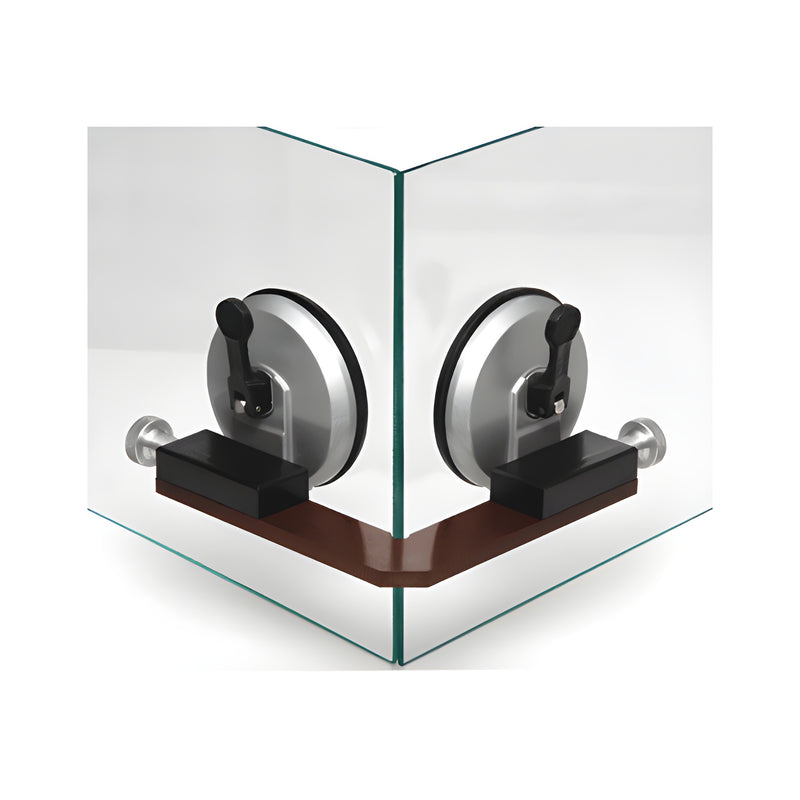 A CRL 90 degree outside surface tool with two suction pads attached to the exterior corner of two glass panels.