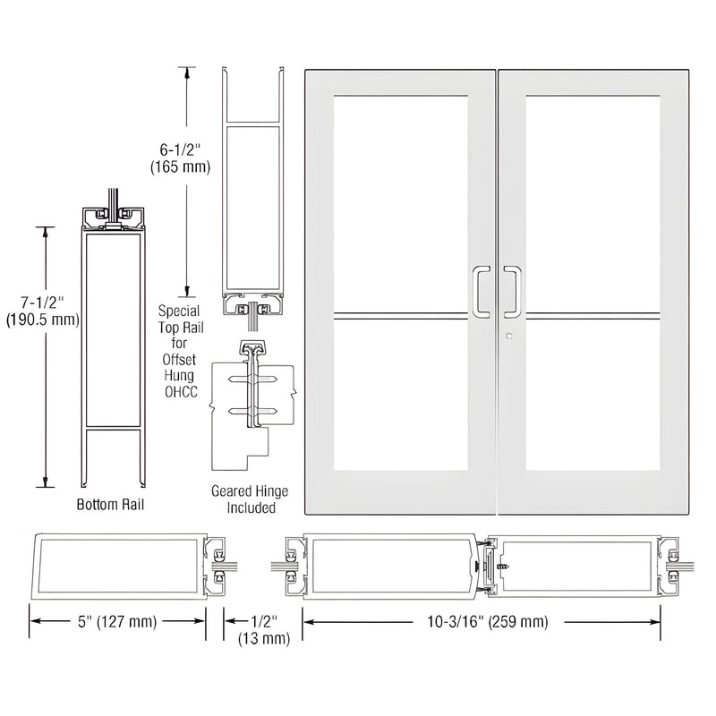 Technical diagram showing the profile dimensions and assembly of a pair of Series 550 wide stile entrance doors with geared hinges.