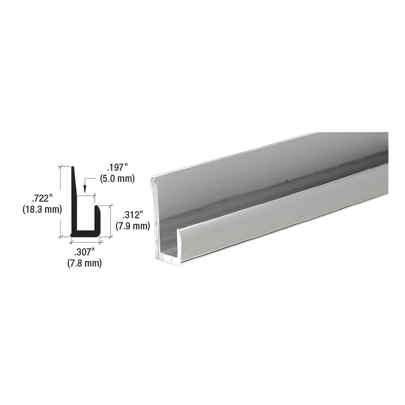 A technical diagram showing the profile dimensions next to a length of satin anodized aluminum J-channel.