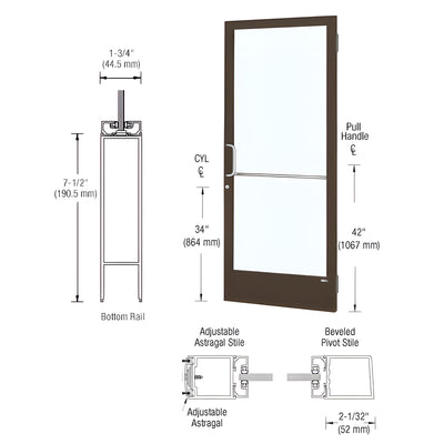 CRL-U.S. Aluminum Class I Bronze Black Anodized 250 Series Narrow Stile Active Leaf of Pair 3'0 x 7'0 Offset Hung with Butt Hinges for Surf Mount Closer Complete Door / Std. MS Lock, 7-1/2" Std. Bottom Rail