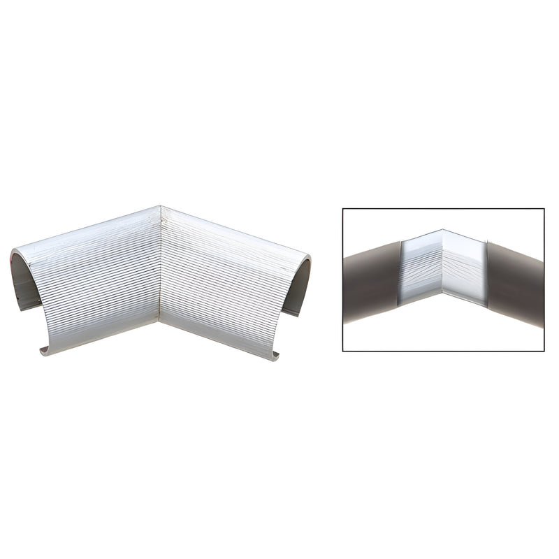 A 135-degree internal splice connector for 3-1/2 inch cap rails made of mill finish 6063-T6 aluminum.
