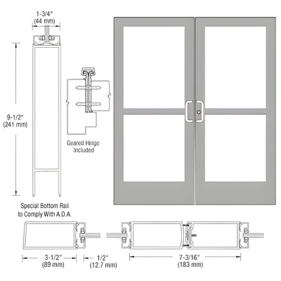 CRL-U.S. Aluminum Clear Anodized Custom Pair Series 400 Medium Stile Geared Hinge Entrance Doors for Surface Mount Door Closers