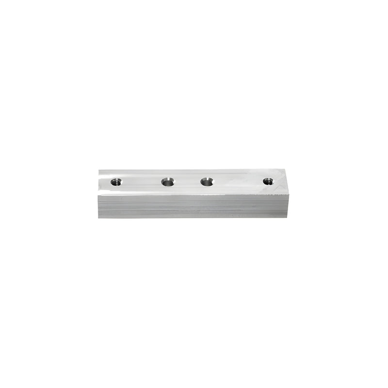 A rectangular aluminum Rixson 340 walking beam adaptor block featuring four pre-drilled mounting holes.
