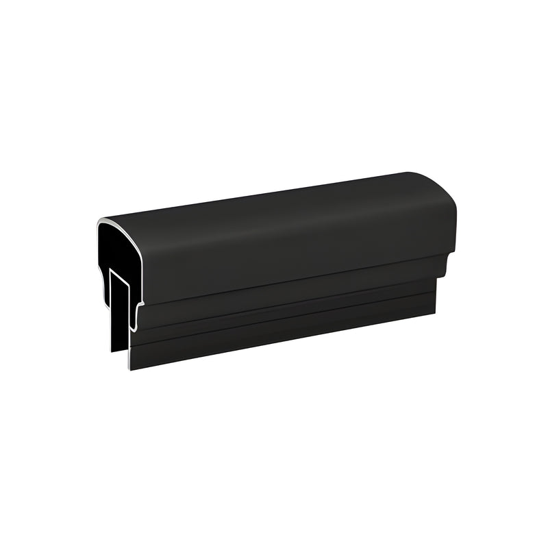 A section of matte black aluminum 150 series top rail showing the glazing channel profile.