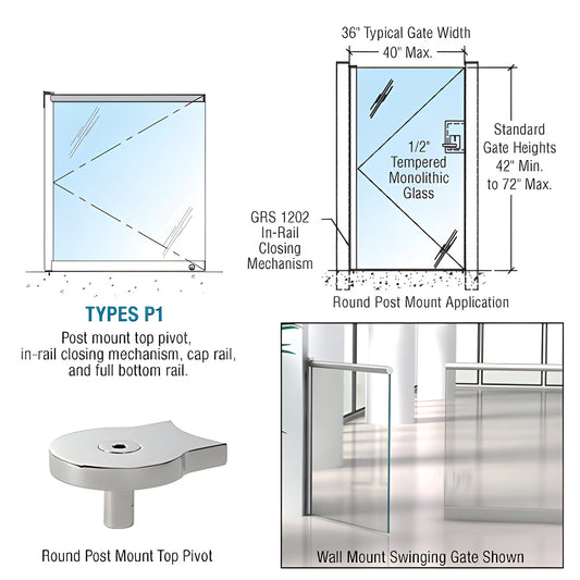Glass swing gate (SKU 1202P1PSC) - polished stainless steel round-post pivot with 3/8-1/2" tempered glass, cap rail option.