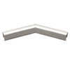 A polished stainless steel 135-degree horizontal corner connector for low profile glass cap rails.