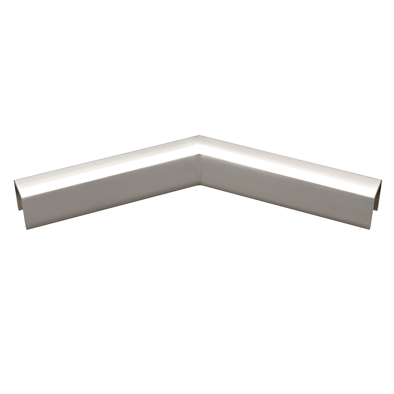 A polished stainless steel 135-degree horizontal corner connector for low profile glass cap rails.