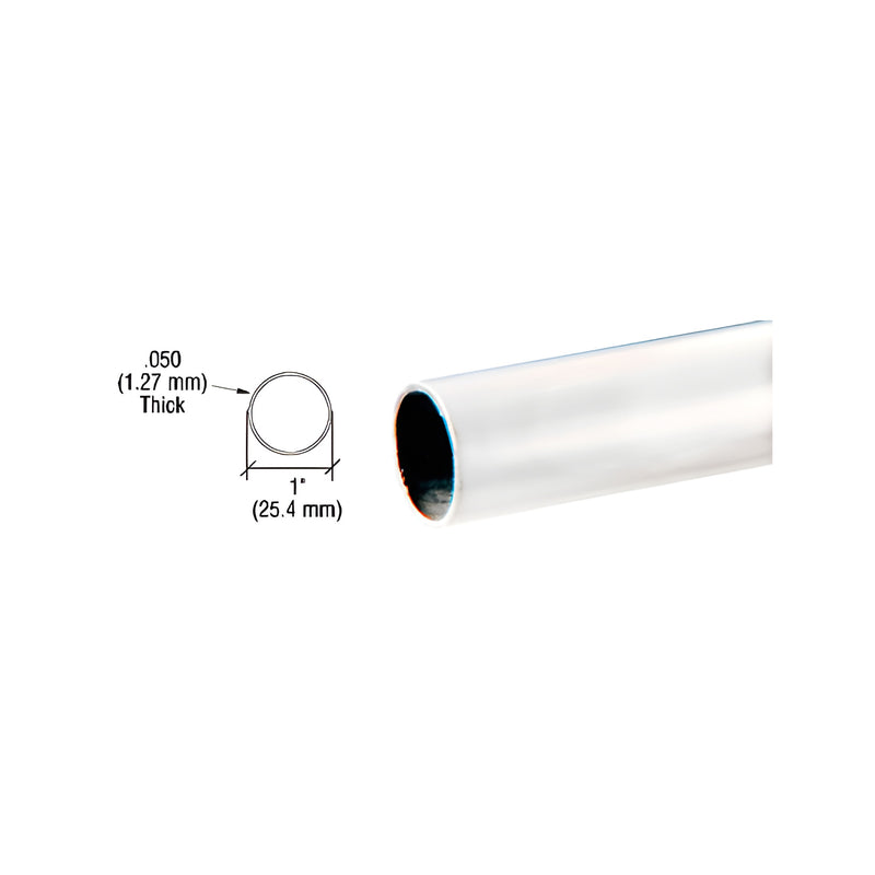 A technical diagram showing the 1-inch diameter and .050-inch wall thickness of the round polished stainless steel tubing.
