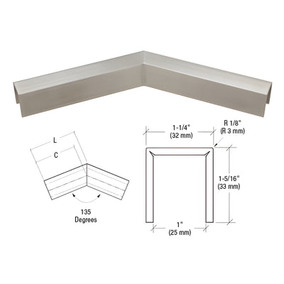 CRL Brushed Stainless 11 Gauge 135 Degree Horizontal Corner for 3/4" Glass Crisp Corner Low Profile Cap Rail