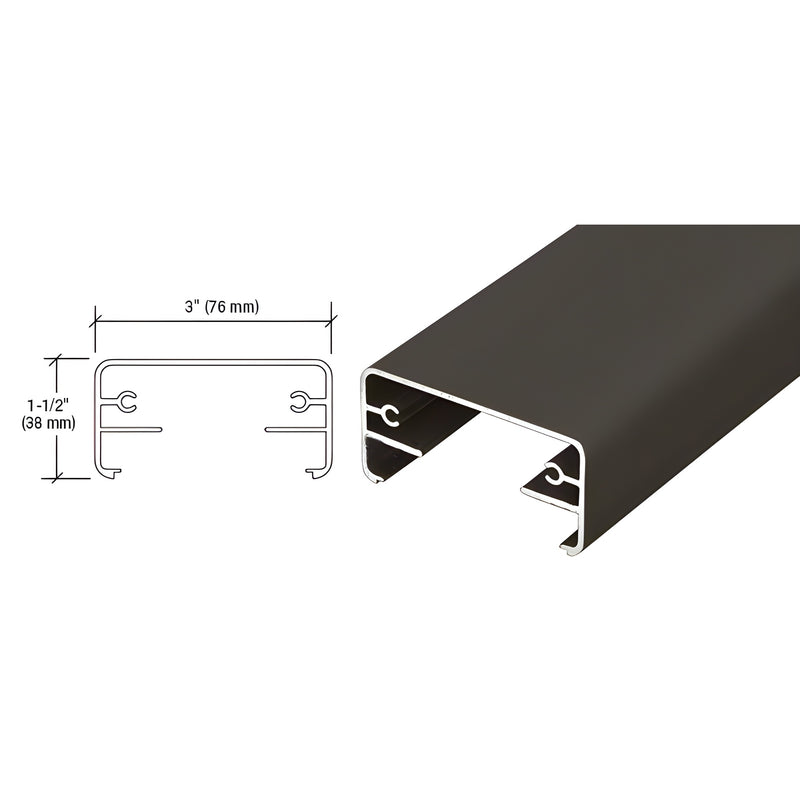 A matte bronze aluminum top rail shown with a technical cross-section diagram indicating 3-inch width and 1.5-inch height.