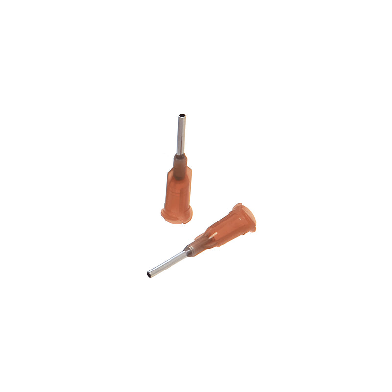 Two dark red UV adhesive dispensing needles with 1.40 mm diameter tips are shown against a white background.