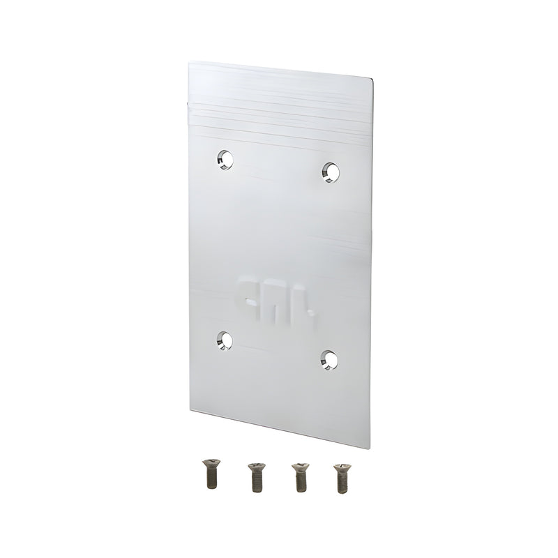 A rectangular polished stainless steel end cap for 9BL68 series base shoes shown with four mounting screws.