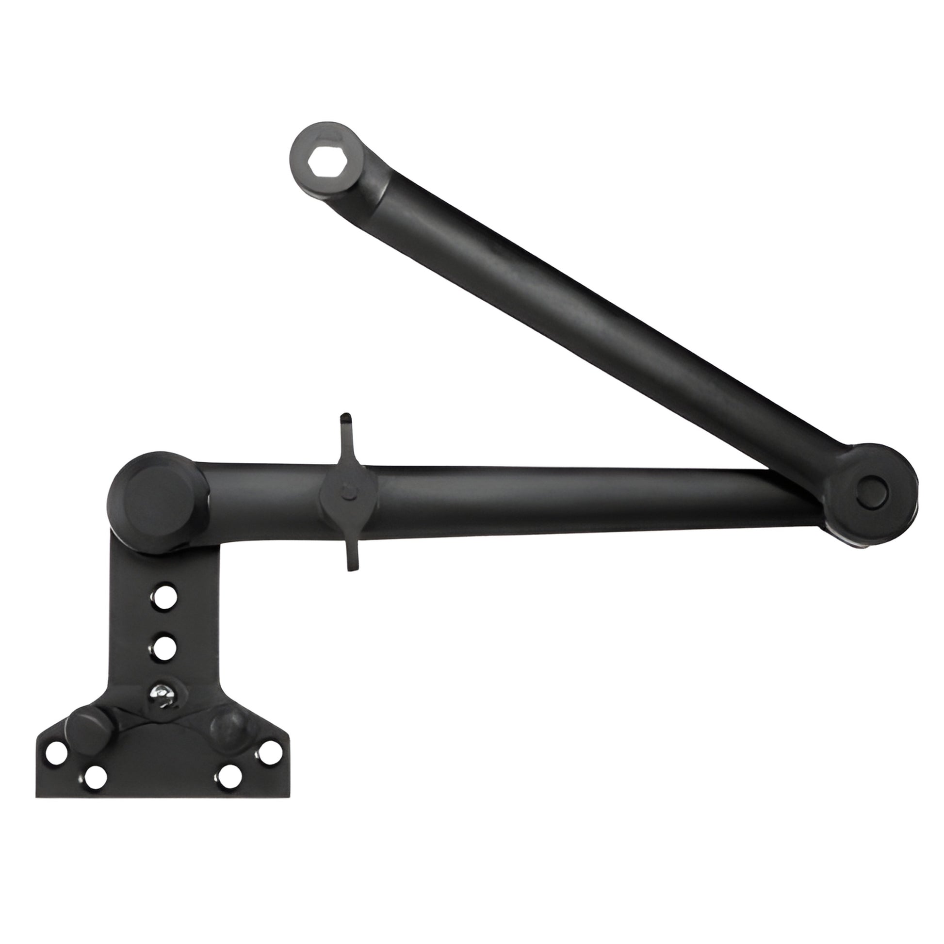 Black Cush-N-Stop friction closer arm with surface mounting bracket, hold-open 90 -180 (SKU 90H0CABL)