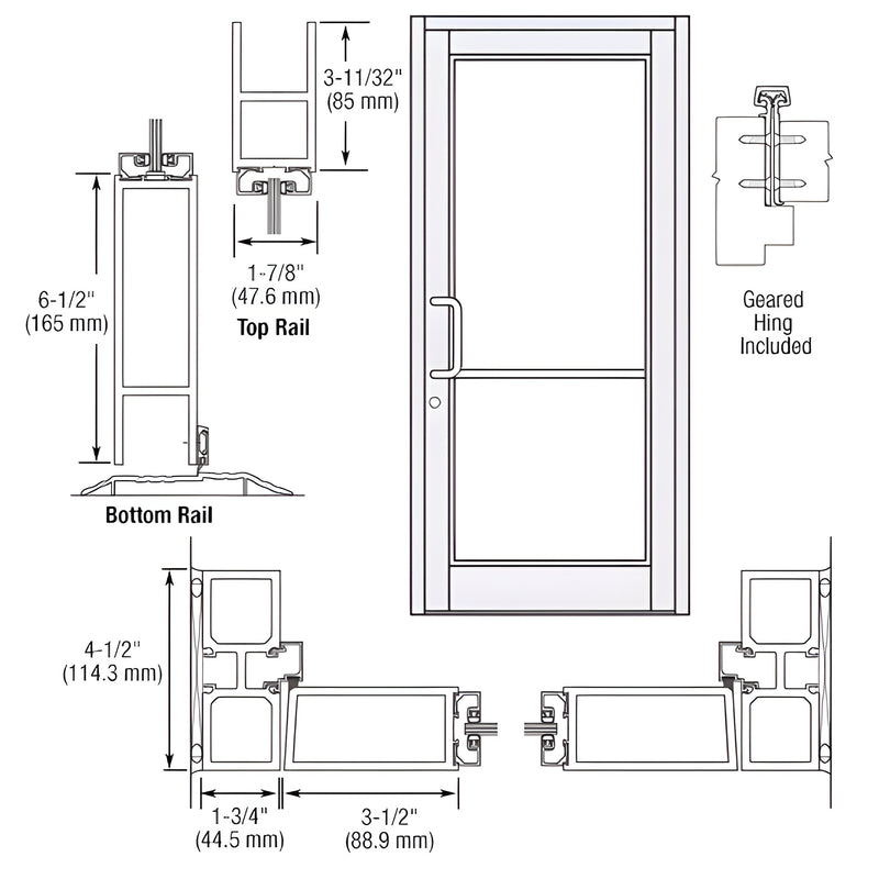 Technical diagram showing the profile dimensions of the Series 800 Durafront medium stile entrance door with geared hinge details.