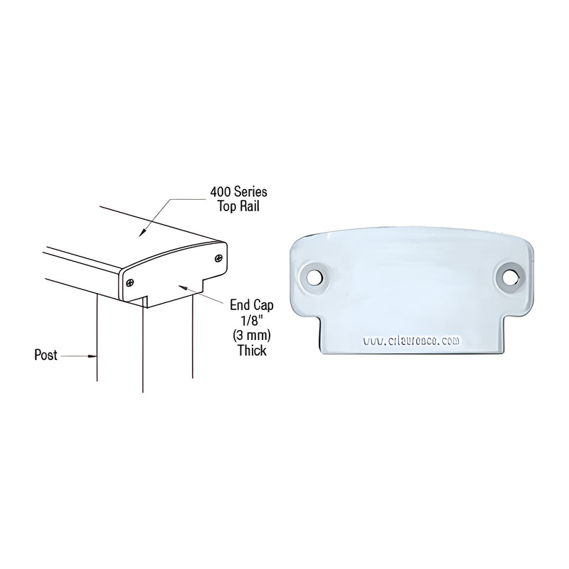 A technical diagram and product view showing the 1/8-inch thick mill finish decorative end cap installed on a 400 Series top rail.