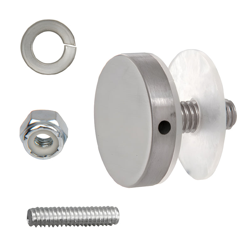 A brushed stainless steel Crescent series 90-degree accessory kit including a standoff cap, threaded bolt, washer, and locking nut.