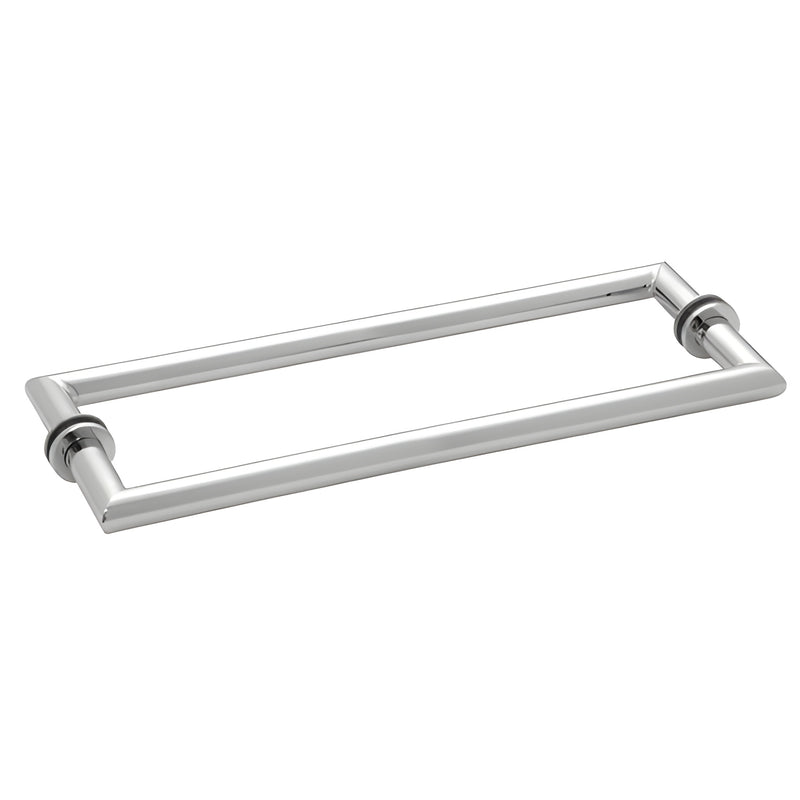 A polished chrome 24-inch back-to-back towel bar with a squared tubular brass design for glass shower enclosures.