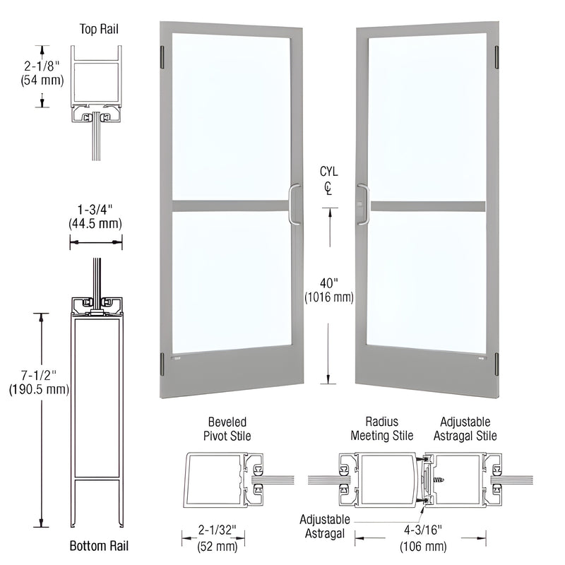 Technical diagram showing the profile dimensions and assembly of a pair of Series 250 narrow stile butt hinge entrance doors in clear anodized finish.