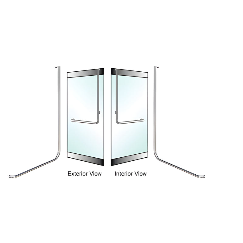 A diagram showing the exterior and interior views of a left hand reverse rail mount D-shaped dummy handle on a glass door.