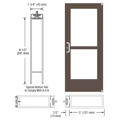 CRL-U.S. Aluminum Bronze Black Anodized 550 Series Wide Stile Active Leaf of Pair 3'0 x 7'0 Offset Hung with Pivots for Surf Mount Closer Complete Panic Door for 1" Glass with Standard Panic and 9-1/2" Bottom Rail