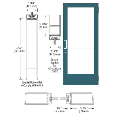 CRL-U.S. Aluminum Custom KYNAR® Paint Custom Single Series 400 Medium Stile Butt Hinged Entrance Door for Overhead Concealed Door Closer