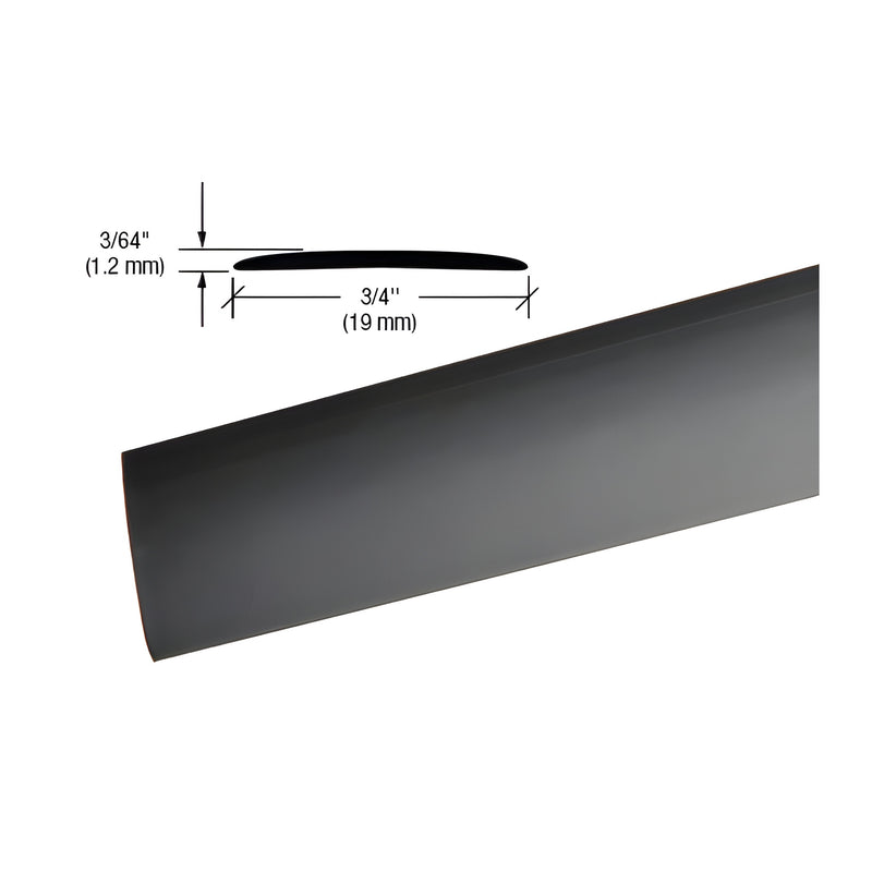 A close-up view of a 3/4" matte black PVC flat glazing strip with a technical diagram showing its dimensions.