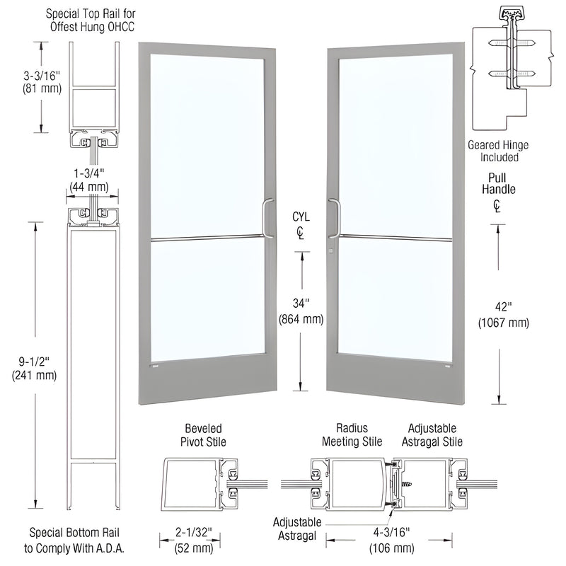 Technical diagram showing a pair of 72" x 84" Series 250 narrow stile entrance doors with gear hinges and clear anodized finish.
