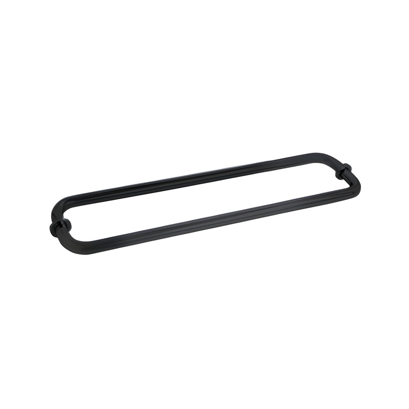 A matte black 18-inch back-to-back tubular towel bar with metal washers designed for glass shower doors.